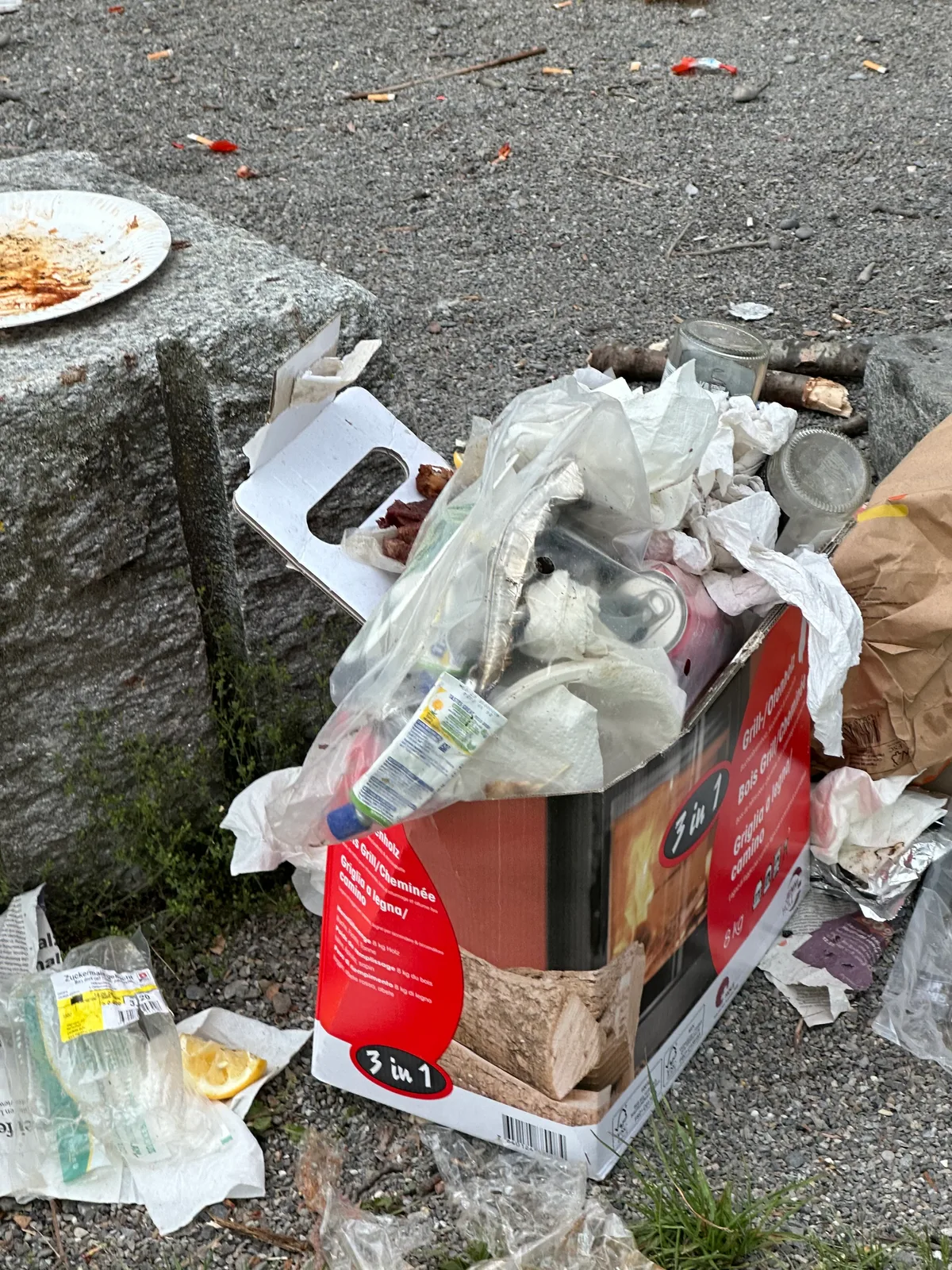 Man sieht diversen Abfall rund um eine Grill- und Feuerstelle.